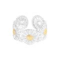 S925 sterling silver daisy open ring with golden accents and polished flower petals - Size 13 (Adjustable) / Silver + 18K Gold (JZ1670)