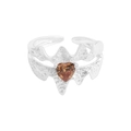 Irregular textured S925 silver ring with brown heart zircon and vintage design - Size 13 (Adjustable) / Silver