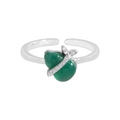 Bague ouverte en argent S925 avec gourde en calcédoine verte et détails en pavé de diamants - Réglable (Taille 13) / Platine/Vert