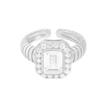 S925 sterling silver twist ring with emerald cut clear zircon and halo stones - Size 14 (Adjustable) / White Gold