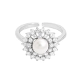 Elegant S925 sterling silver open ring with white pearl and sparkling zircon halo - Size 14 (Open Adjustable) / Platinum Gold (JZ1819)