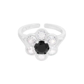 S925 Sterling Silber Blumenring mit schwarzem Zirkon und klaren Steinen, verstellbar - Größe 14 (Verstellbar) / Silber