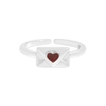 S925 sterling silver envelope open ring with red heart enamel detail on white background - Size 12 (Adjustable) / Silver