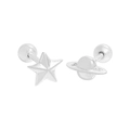 Minimalist S925 sterling silver star and planet stud earrings with secure screw ball backs - 925 Silver / Silver
