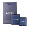 Navy blue jewelry gift set featuring a paper tote bag and two flip-top rings boxes - Blue Ring Box + Tote Bag With Logo (ALEX)