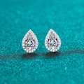 Elegant pear-cut moissanite halo stud earrings in S925 silver with a brilliant finish - 925 Silver / Pair of 2 Carat Moissanite (1 Carat per Ear)