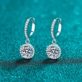 S925 sterling silver halo moissanite drop hoop earrings with brilliant round cut stones - 2 Carat Moissanite