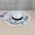 Chic white straw sun hat with Greetings from embroidery and black decorative ribbon band - M / Milk White