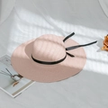 Pink straw sun hat with wide brim and black ribbon bow for summer beach vacation travel - M (56-58cm) / Pink