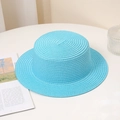 Sky blue straw boater hat on a white table with a magazine and glass bottle - Adult M (56-58cm) / Without Chin Strap / Sky Blue