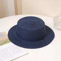 Detail of navy blue straw boater hat showing spiral weave texture on a white table - Adult M (56-58cm) / Without Chin Strap / Navy Blue
