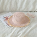 Flat top pale pink woven straw sun hat with frayed brim for women summer beach travel - Adult 56-58cm / Pink