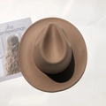 Overhead view of khaki wool fedora hat with wide brim and classic crown on white background - M (56-58cm) / Camel