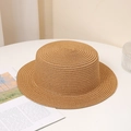 Detailed close-up of a khaki woven straw sun hat with a flat top and wide brim design - Adult M (56-58cm) / Without Chin Strap / Khaki