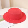 Top view of red straw sun hat with fine woven texture and flat brim for summer beach use - Adult M (56-58cm) / Without Chin Strap / Watermelon red