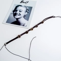 Deep coffee leather cord necklace with vintage wooden beads and adjustable tie on white backdrop - Dark Coffee