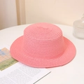 Pink straw boater hat with detailed woven texture on a white table with magazine - Adult M (56-58cm) / Without Chin Strap / Dusky Pink