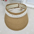 Visera de paja caqui para niñas con encaje blanco y banda elástica ajustable - S / café