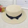 French retro flat top boater straw hat with black grosgrain ribbon bow decoration - Beige / Adult