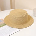 Close-up of natural beige boater hat showing detailed straw weaving and flat brim texture - Adult M (56-58cm) / Without Chin Strap / Beige