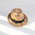 Men's summer straw fedora hat featuring blue palm tree prints and a black band - L(58-60cm) / Khaki