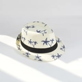 White woven fedora with navy palm tree embroidery and black band in sunny shadows - L(58-60cm) / Milk White
