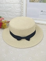 Classic cream paper straw boater hat featuring a black ribbon bow for women and kids - Beige / Kids
