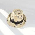 Men's summer paper straw fedora with blue palm tree patterns and black ribbon band - L(58-60cm) / Beige