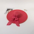 Elegant rose red straw hat with wide brim and mesh bow tie for outdoor sun protection - M (56-58cm) / Watermelon red