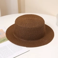 Dark brown straw flat top boater hat with woven texture on a minimalist table - Adult M (56-58cm) / Without Chin Strap / Coffee