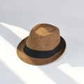 Brown straw fedora summer sun hat with black ribbon band and natural window shadows - L (58-60cm) / Coffee