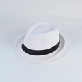 Classic white straw fedora hat with black ribbon band for summer outdoor sun protection - White