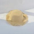Chapeau de paille d'été minimaliste avec bord ondulé pour filles protection solaire beige - Style Enfant-Circonférence 52 / Poche zippée