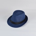 Detail of navy straw fedora hat with a black grosgrain band and breathable woven texture - L(58-60) / Navy Blue