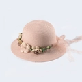 Girl's woven straw sun hat with pink fabric flowers and sheer ribbon bow detail - Kids 52-54 / Nude Pink