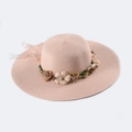 Detail of light pink straw sun hat featuring decorative 3D fabric flowers and lace ribbon - M(56-58cm) / Nude Pink