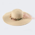 Sombrero de paja de ala ancha con cinta de flores y bordes deshilachados para playa - M(56-58cm) / Beige