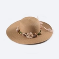 Detailed view of straw sun hat featuring woven spiral texture and fabric rose ribbon - M(56-58cm) / Khaki