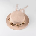 Detail of flat-top straw hat with floral wreath and mesh bow in soft apricot pink - M (56-58cm) / Flesh Pink