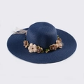 Close-up of navy straw sun hat with woven texture, fabric flowers and sheer tulle ribbon - M(56-58cm) / Navy Blue