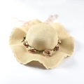 Cappello di paglia da donna a tesa larga ondulata con nastro floreale da mare - M (56-58cm) / Beige