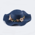 Navy blue wide brim sun hat with woven spiral pattern and elegant floral decoration - M (56-58cm) / Navy Blue