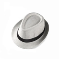 Macro shot of fine weave texture on a light gray linen fedora with black ribbon trim - M (56-58cm) / Blue Gray