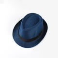 Navy blue linen straw fedora beach sun hat with black grosgrain ribbon for summer travel - M (56-58cm) / Navy Blue