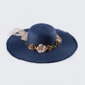 Detail of navy straw sun hat featuring handcrafted floral decor and fringed edge - M (56-58cm) / Navy Blue