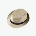 Close-up of woven linen texture and black ribbon detail on beige summer Fedora hat - M (56-58cm) / Red & Grey
