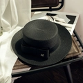 Women's black flat top straw boater hat with ribbon and golden M logo on leather seat - M (56-58cm) / Black