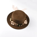 Close-up of flat top straw boater hat with floral trim and pink ribbon on white background - M (56-58cm) / Coffee