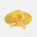 Bright yellow wide-brim straw sun hat with decorative ribbon bow and colorful woven accents - M (56-58cm) / Yellow