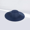 Navy blue wide brim straw sun hat with frayed edge design for summer beach vacations - M (56-58cm) / Navy Blue